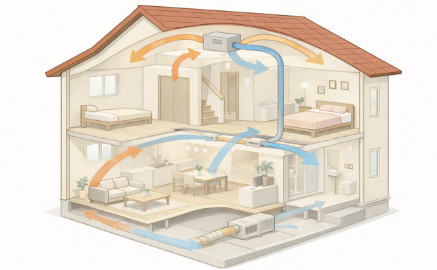 住まい全体を計画空調で管理し、快適性を“仕組み”で支える、全館空調システム。 居室に機器を増やしにくく、見た目と配置計画をすっきり整えられます。